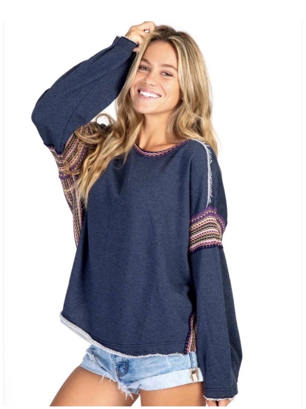 NATURAL LIFE Navy Pullover Sweatshirt with Purple Accent Sleeves Sz S/M